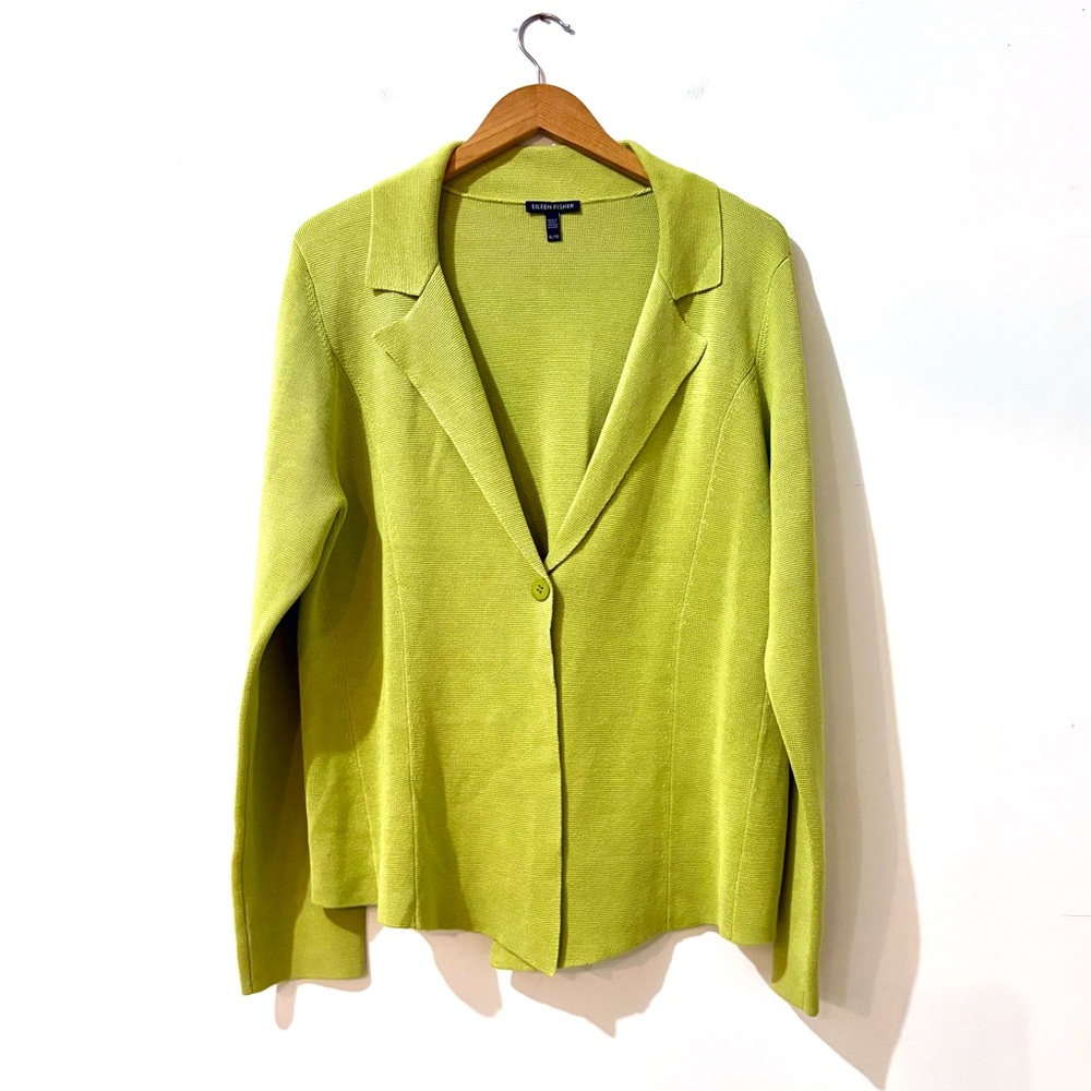 Eileen Fisher Chartreuse Green Silk Minimalist Knit Blazer Cardigan XL